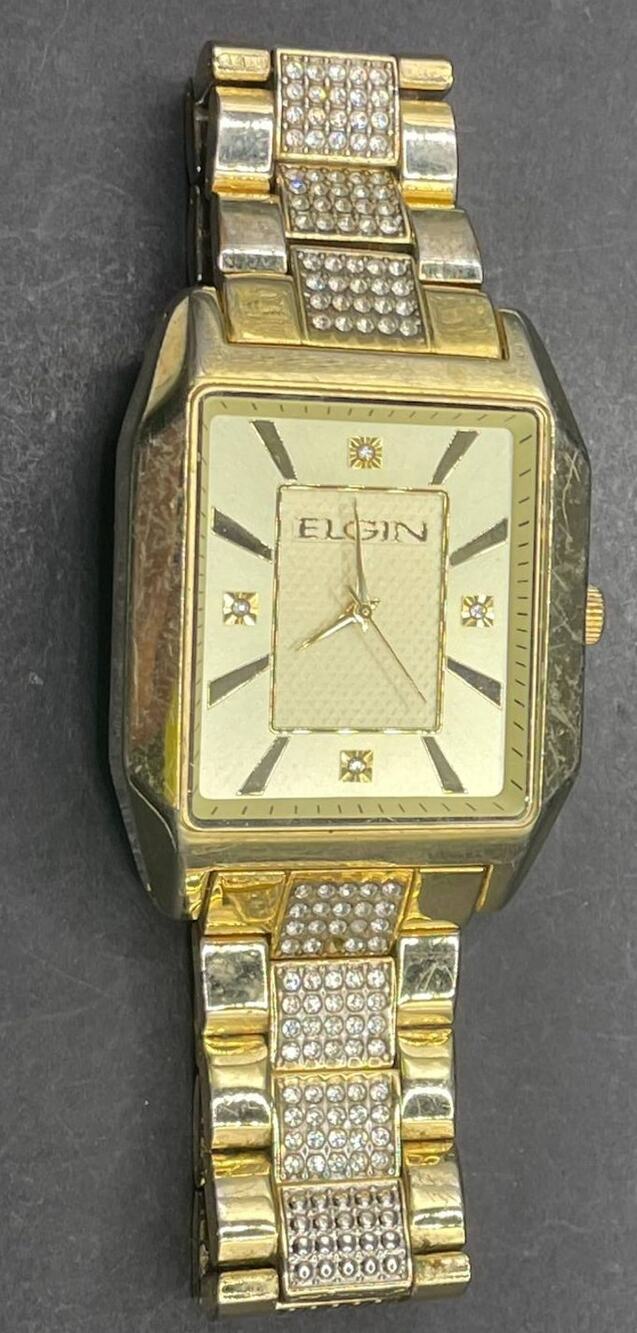 Elgin FG9754ST Mens Gold Tone Crystal Rhinestone Rectangular Wrist Watch